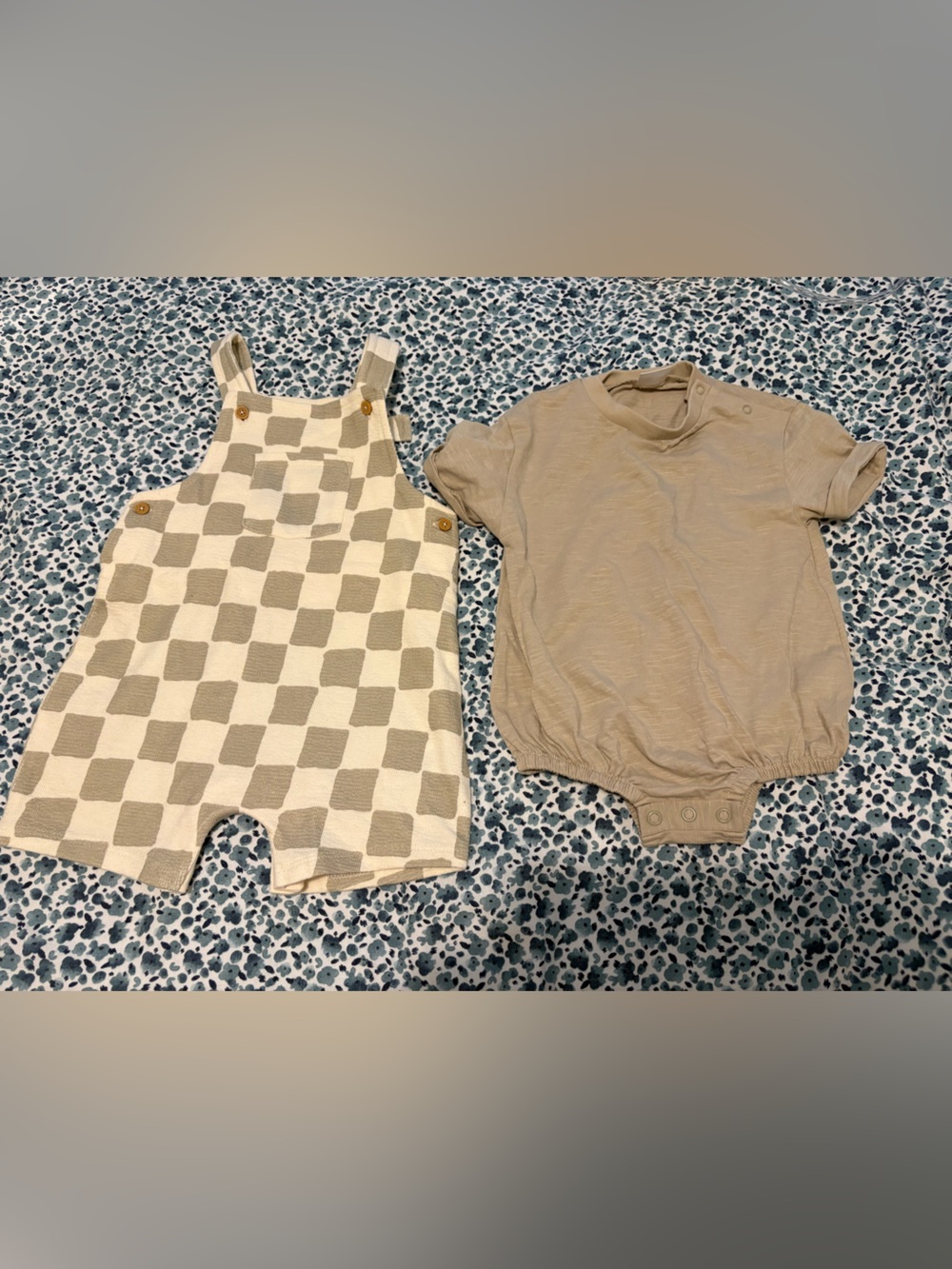 NEXT Baby 2pc Dungaree Checkerboard Romper & Short Sleeve Bodysuit, Size 6-9m